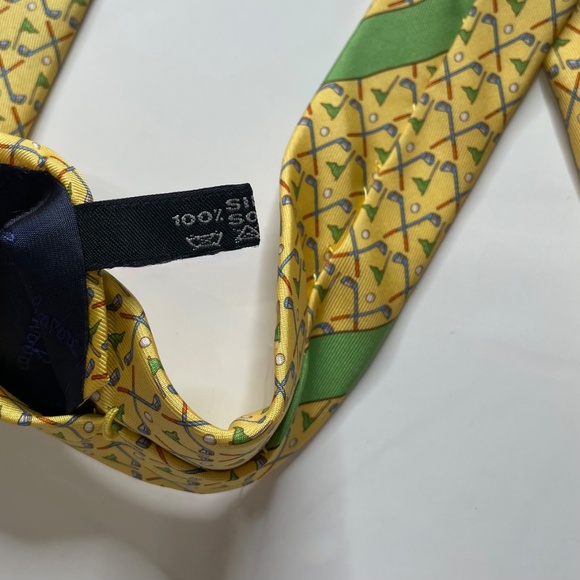 SALVATORE FERRAGAMO Yellow Golf Print Silk Tie Necktie Sporty Office Business - Picture 9 of 9